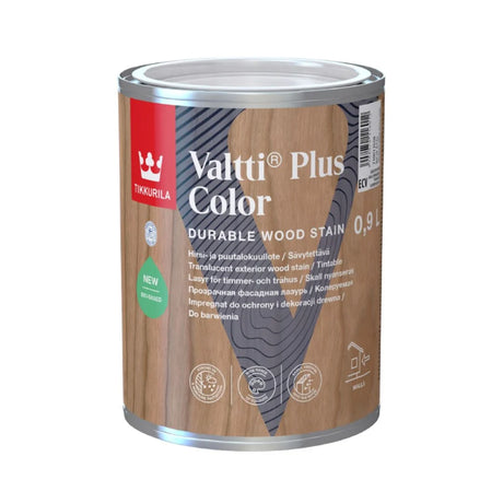 A can of Tikkurila Valtti Plus Color durable wood stain, featuring a label with a wood-grain pattern and a red brand logo block on a white. 
background. Tikkurila Valtti Plus Colour  - Woodstain in Matt Finish