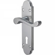 A polished silver metal lever handle with a matching backplate and keyhole cutout, shown on a plain white background.
Vision Indus Scroll Lever Lock Handle | Satin Chrome