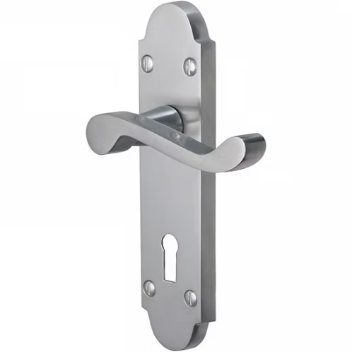 A polished silver metal lever handle with a matching backplate and keyhole cutout, shown on a plain white background.
Vision Indus Scroll Lever Lock Handle | Satin Chrome