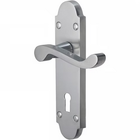 A polished silver metal lever handle with a matching backplate and keyhole cutout, shown on a plain white background.
Vision Indus Scroll Lever Lock Handle | Satin Chrome