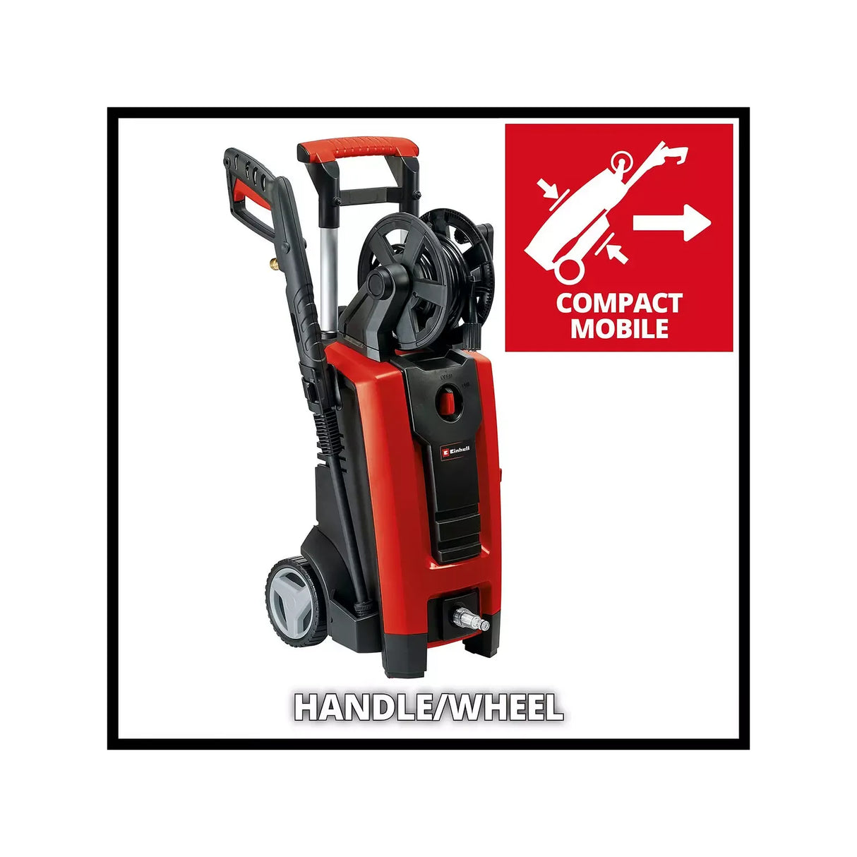 A red and black compact high-pressure washer with a hose reel and wheeled handle, shown on a white background with a red 'COMPACT MOBILE' graphic and 'HANDLE/WHEEL' text.
