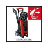 A red and black compact high-pressure washer with a hose reel and wheeled handle, shown on a white background with a red 'COMPACT MOBILE' graphic and 'HANDLE/WHEEL' text.