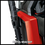 Close-up of a red and black industrial tool showing the pistol bracket attachment point with the text 'PISTOL BRACKET' at the bottom.