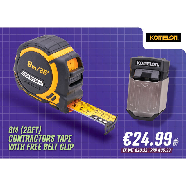 Komelon 8m (26ft) Contractors Tape With Free Belt Clip