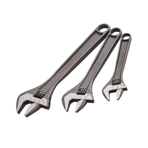 Three adjustable wrenches in different sizes, arranged diagonally on a plain white background. The wrenches have dark gray handles and silver metal jaws with measurement markings. Bahco Adjustable Wrench Set | 3 Piece 