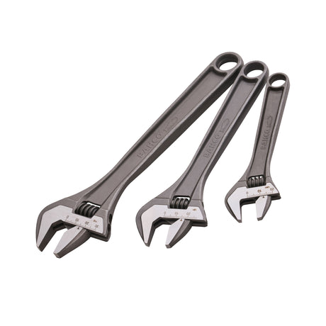 Three adjustable wrenches in different sizes, arranged diagonally on a plain white background. The wrenches have dark gray handles and silver metal jaws with measurement markings. Bahco Adjustable Wrench Set | 3 Piece 