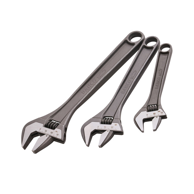 Three adjustable wrenches in different sizes, arranged diagonally on a plain white background. The wrenches have dark gray handles and silver metal jaws with measurement markings. Bahco Adjustable Wrench Set | 3 Piece 
