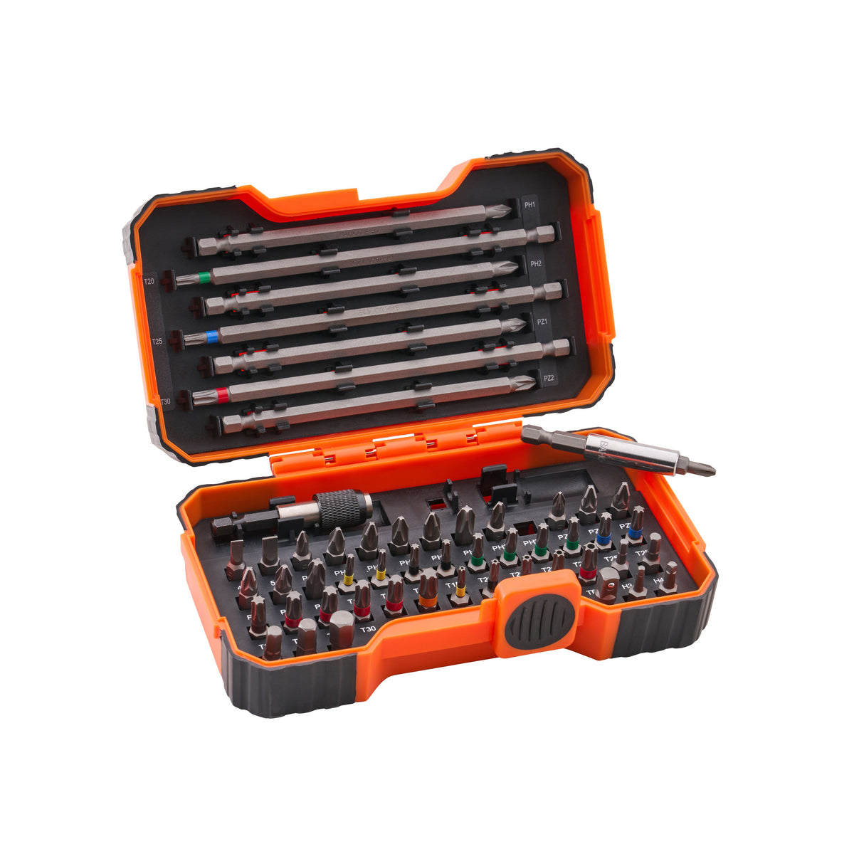 An open orange and black screwdriver bit set case on a white background, showing multiple driver bits and accessories organised in foam compartments.
Bahco Colour-Coded Bit Set | 54 Piece
