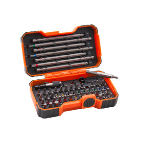 An open orange and black screwdriver bit set case on a white background, showing multiple driver bits and accessories organised in foam compartments.
Bahco Colour-Coded Bit Set | 54 Piece