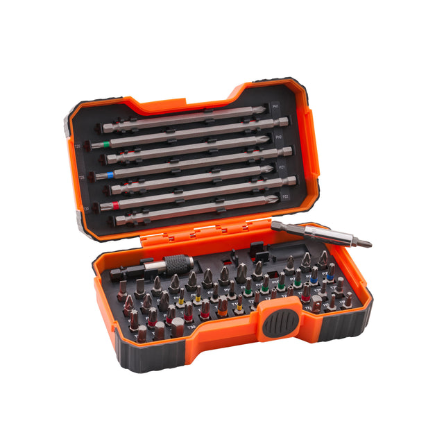 An open orange and black screwdriver bit set case on a white background, showing multiple driver bits and accessories organised in foam compartments.
Bahco Colour-Coded Bit Set | 54 Piece