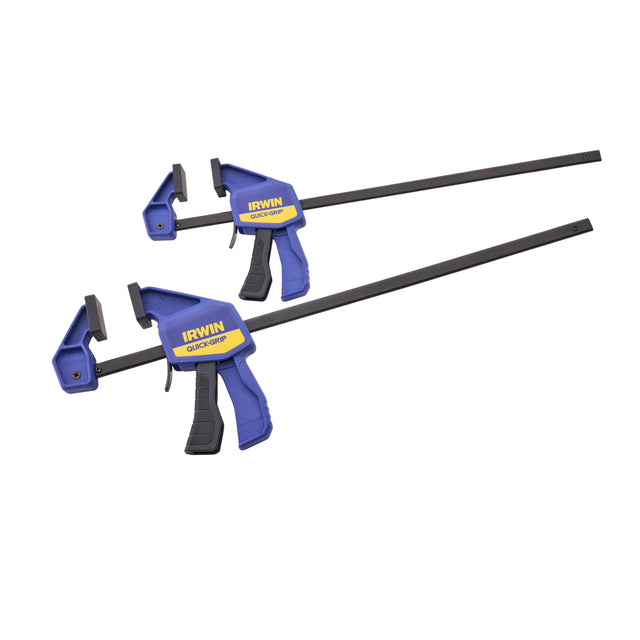 Two blue and yellow Irwin Quick Clamps shown on a plain white background.