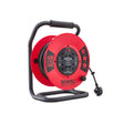A Faithfull 4-outlet cordless reel with a red spool, black handle, and black power cord, shown on a solid white background. Faithfull Heavy Duty Cable Reel | 40m