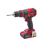 Einhell cordless drill driver with a red and black body, attached to a matching red and black 18V 2.0Ah Li-ion battery, shown on a solid white background. Einhell 18V Combi Drill with 2 x 2Ah Li-Ion Batteries