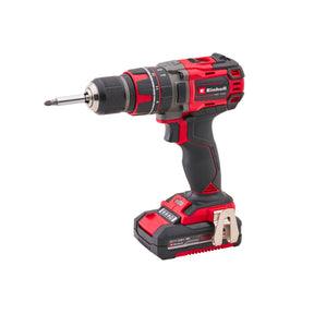 Einhell cordless drill driver with a red and black body, attached to a matching red and black 18V 2.0Ah Li-ion battery, shown on a solid white background. Einhell 18V Combi Drill with 2 x 2Ah Li-Ion Batteries