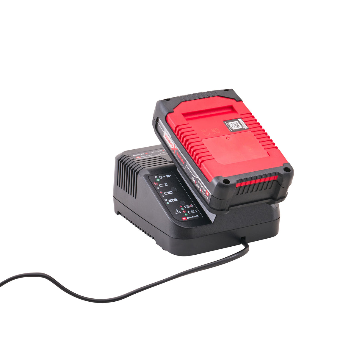 A red and black Milwaukee battery charger with a red and black battery pack resting on top, shown on a white background with a black power cord extending to the lower left. Einhell 18V Combi Drill with 2 x 2Ah Li-Ion Batteries