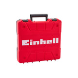 A red hard plastic tool case with a black handle and the brand name 'Einhell' printed in white on the front, isolated on a white background. Einhell 18V Combi Drill with 2 x 2Ah Li-Ion Batteries