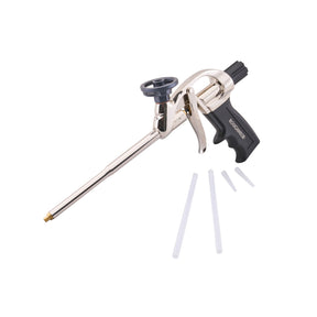A professional foam gun with a long metallic nozzle, a black handle, and a set of four clear replacement tubes on a white background. Roughneck Foam Gun
