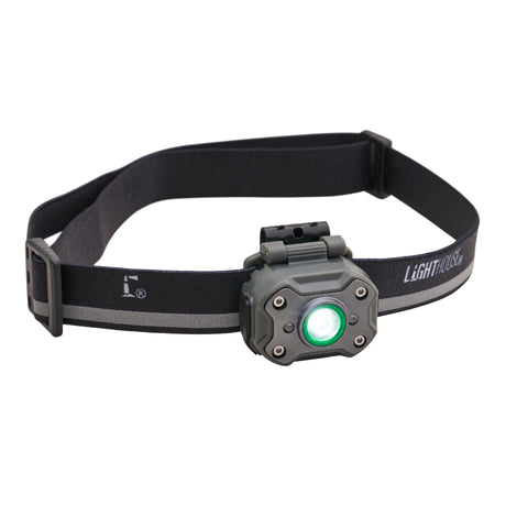 A headlamp with a black adjustable elastic strap and a dark grey light module, shown on a plain white background with the light turned on, emitting a green glow.
Lighthouse 400 Lumens Elite Rechargeable Headlight L-HA40HR