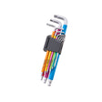 A set of hex wrenches with colored handles in blue, orange, pink, green, and silver, organized in a black plastic holder on a white background. Faithfull Colour Coded Hex Key Set | 9 Piece 