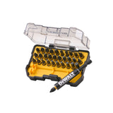 DeWalt 36-piece driver bit set in a clear plastic case with a yellow insert, shown open on a white background. A black and yellow DeWalt marker is placed in front of the case.