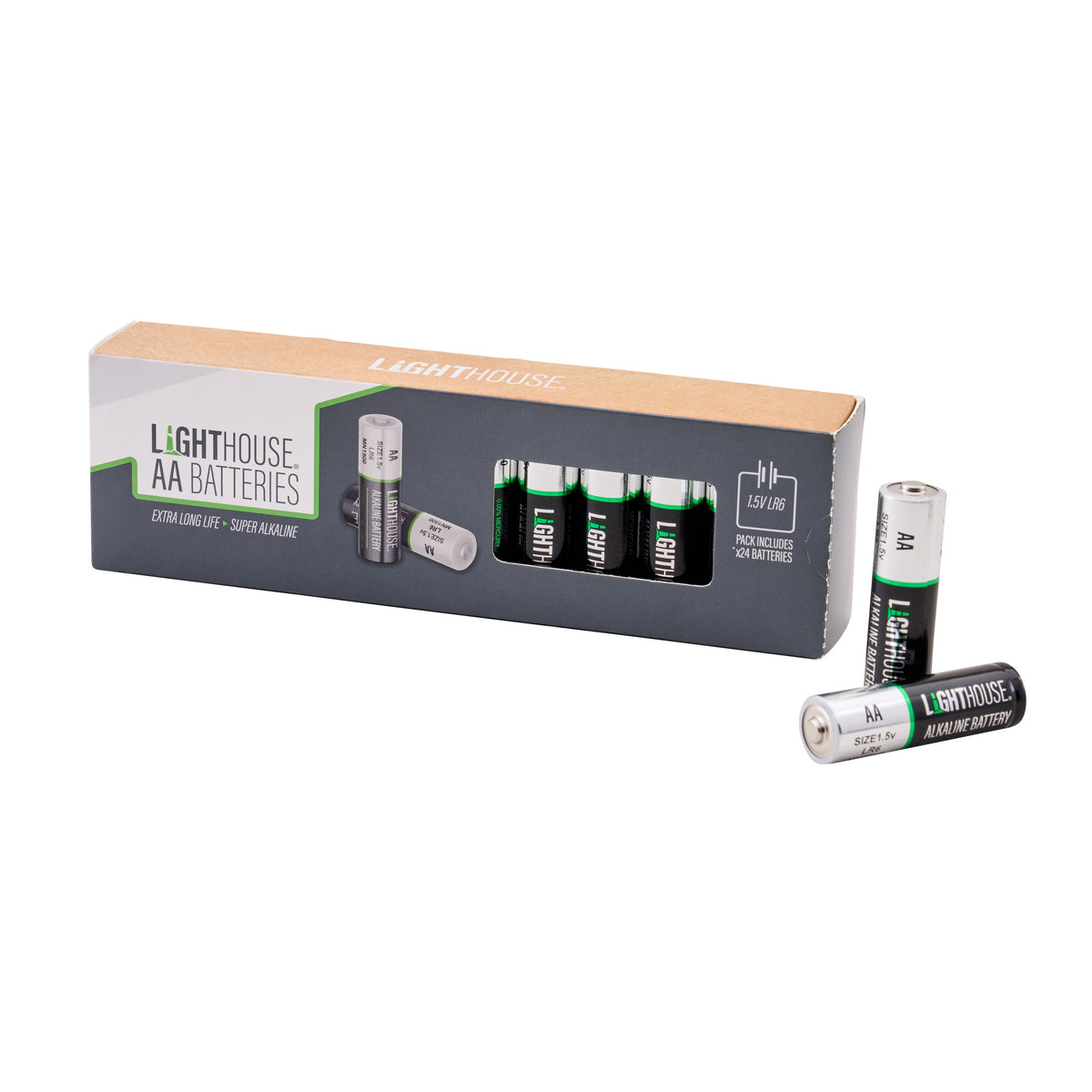 A box of Lighthouse AA batteries with four batteries displayed inside the window and two additional batteries standing upright in front, on a clean white background. Lighthouse AA Battery Pack | Pack of 24