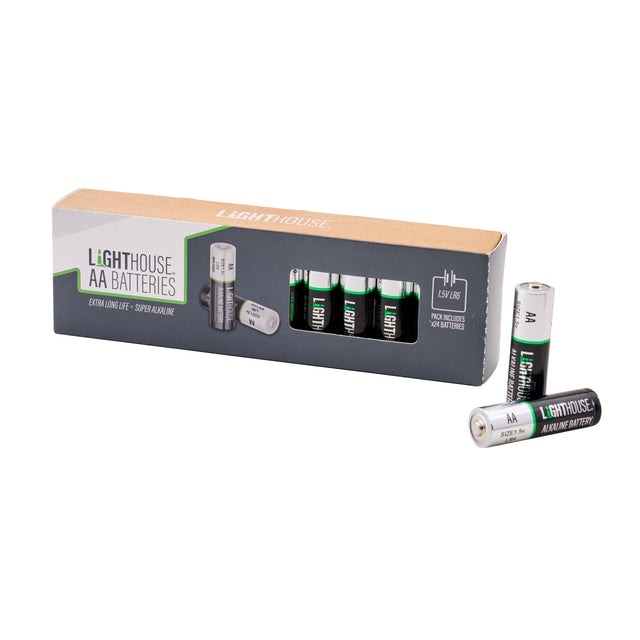 A box of Lighthouse AA batteries with four batteries displayed inside the window and two additional batteries standing upright in front, on a clean white background. Lighthouse AA Battery Pack | Pack of 24