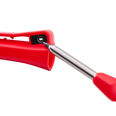 A close-up of a red plastic tool with a metal screwdriver inserted into a small slot, shown against a plain white background. Hultafors Dry Marker/Automatic Pencil