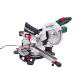 A Metabo miter saw with a silver and black base, a green and black handle, and red adjustment knobs, shown on a plain white background. Metabo Laser Cut Sliding Mitre Saw | 216mm