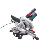 A Metabo miter saw with a silver aluminum base, black and gray components, a green and black motor housing, and red accent buttons, shown on a solid white background. Metabo Laser Cut Sliding Mitre Saw | 216mm