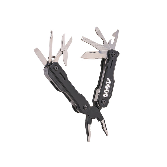 A black and silver DeWalt multi-tool pocket knife with several tools extended, including pliers, scissors, a knife blade, and a bottle opener, shown on a plain white background.
DeWalt Mclaren 16-in-1 Multi-Tool