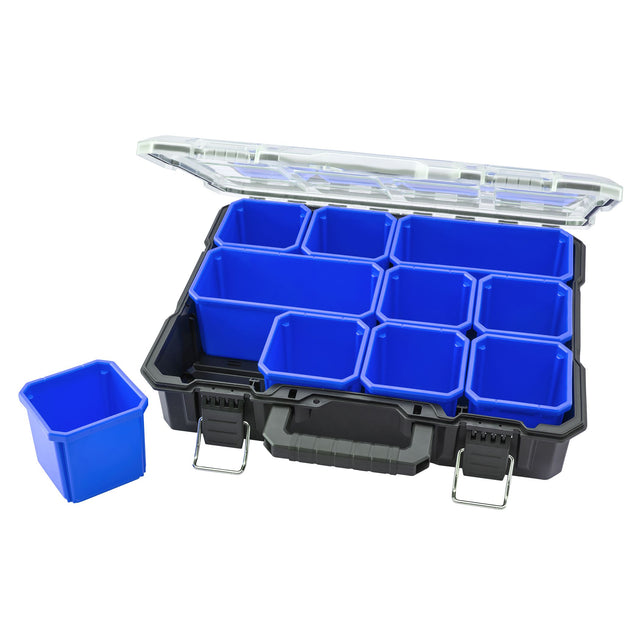 A black plastic organizer case with a clear lid, shown open to reveal multiple bright blue compartment bins. A single matching blue bin is placed beside it on a plain white background. Faithfull Deep Professional Organiser