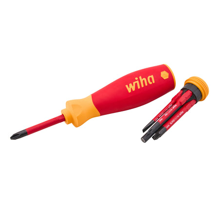A red and yellow Wiha flathead screwdriver with a matching set of three interchangeable bits, shown on a clean white background.