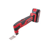 A cordless wet/dry multi-tool with a red and black body, shown with a metal scraper blade attachment on a solid white background. Einhell 18V Multi-Tool Kit with a 2.5Ah Li-ion Battery