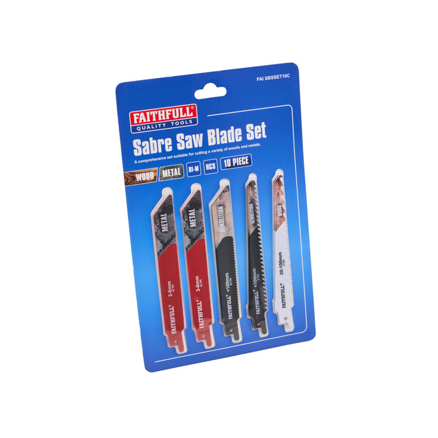 Faithfull Sabre Saw Blade Set in blue retail packaging, containing four different blades for wood, metal, and natural materials. Faithfull Sabre Saw Blade Set | 10 Piece