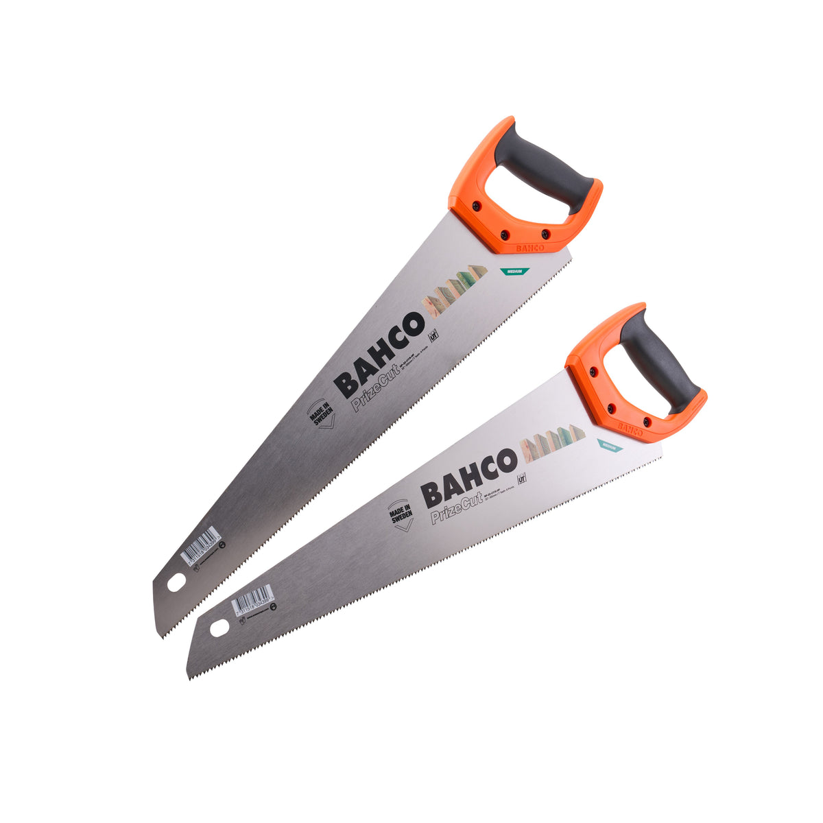 Two Bahco Pro 2000 self-propelled chainsaws are shown on a plain white background, one smaller and one larger, both with silver blades and orange-and-black handles. Bahco Hardpoint Saw Twin Pack | 550mm (22in)