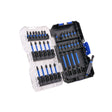 A 36-piece screwdriver bit set in an open black plastic case with a clear lid, featuring blue-handled bits and various bit sizes, isolated on a white background. Faithfull Impact Bit Set | 36 Piece