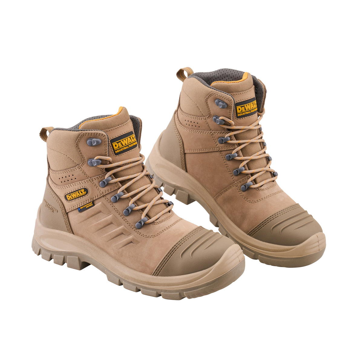 A pair of DeWAL mid-calf work boots in tan canvas and synthetic leather, featuring gray laces and metal eyelets, shown on a plain white background. DeWalt Stone Waterproof Work Boots