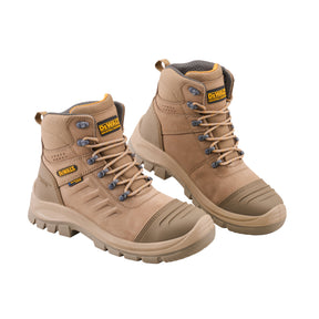 A pair of DeWAL mid-calf work boots in tan canvas and synthetic leather, featuring gray laces and metal eyelets, shown on a plain white background. DeWalt Stone Waterproof Work Boots