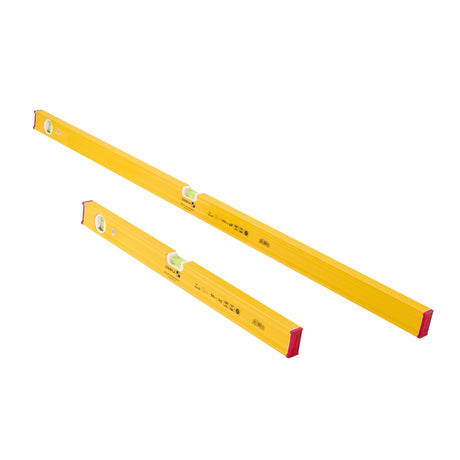 Two yellow spirit levels with red end caps and clear vials, shown on a plain white background.