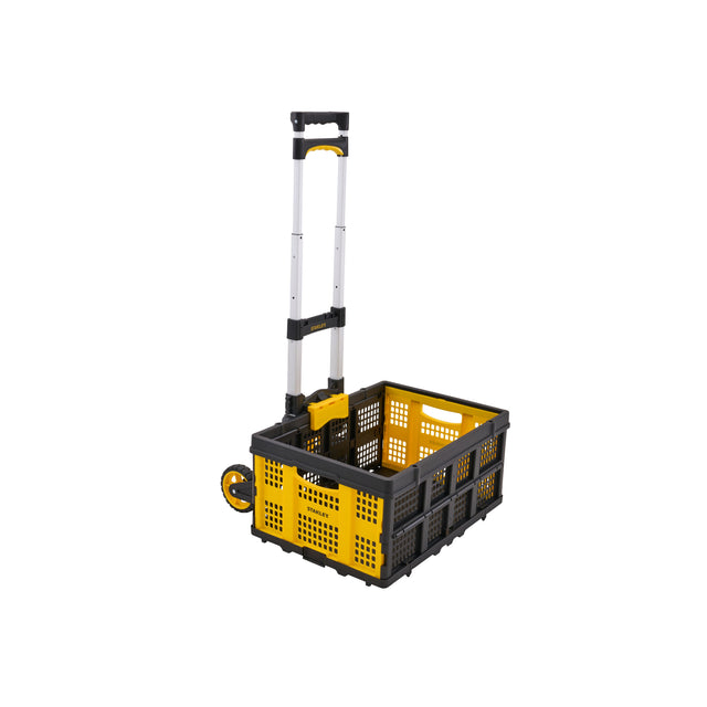 A yellow and black plastic folding utility crate with an integrated telescoping handle and a small caster wheel, shown on a plain white background.
