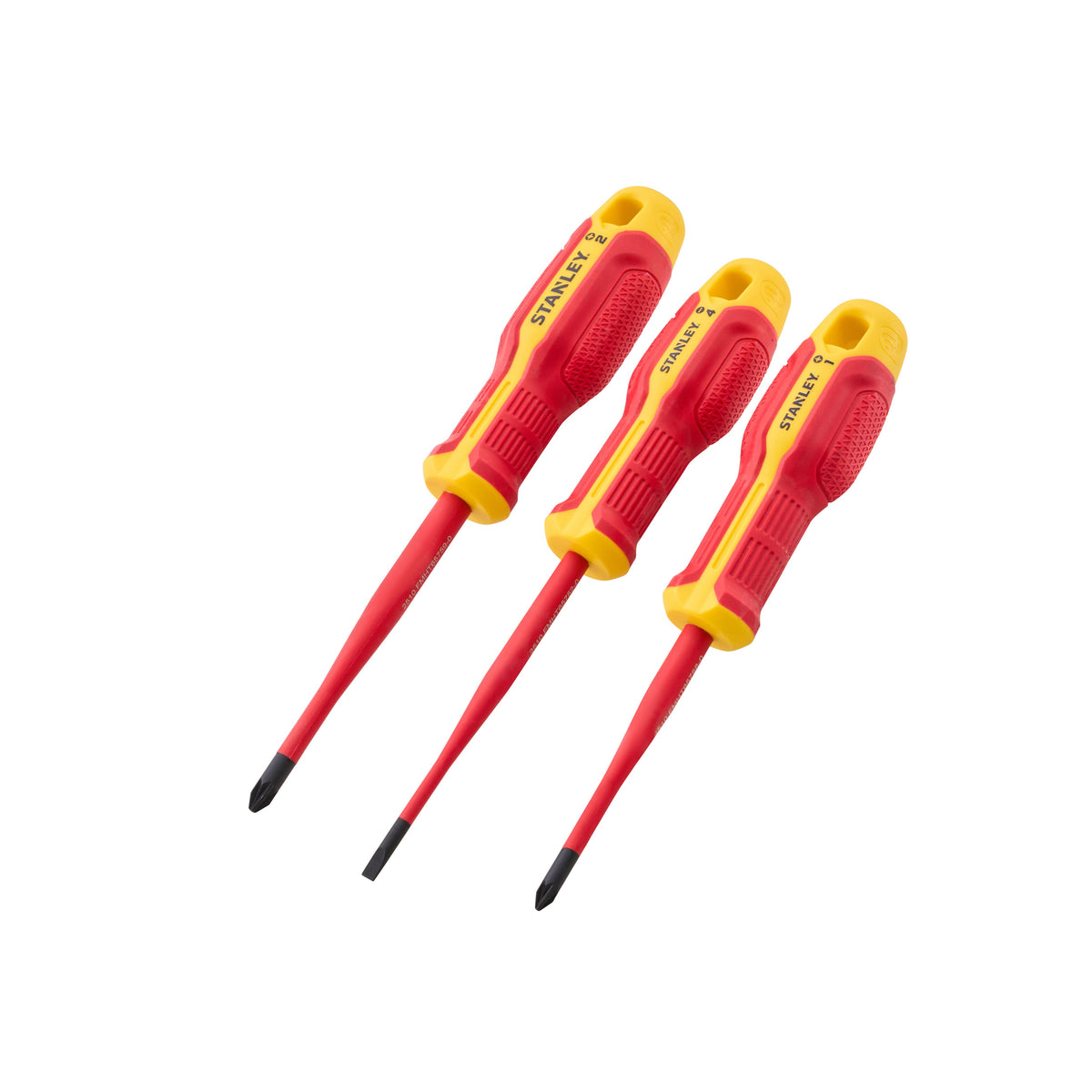 Three Stanley flathead screwdrivers with red and yellow handles, arranged diagonally on a plain white background. Stanley VDE Screwdriver Set | 3 Piece