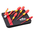 A set of Wiha flathead screwdrivers and wirenips with red and yellow handles, displayed on a black zippered carrying case with the white and red Wiha logo, on a solid white background. 
Wiha Electrician's VDE Screwdriver & Plier Set
