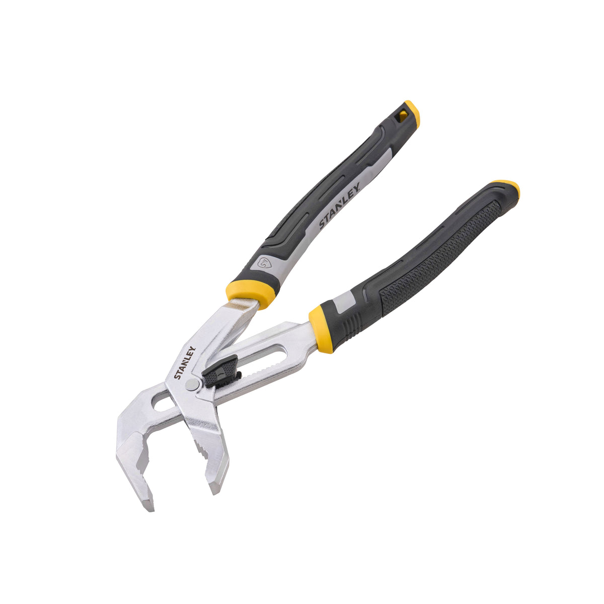 Stanley bolt cutters with silver metal jaws and black and yellow handles, shown on a plain white background.
Stanley Dual Adjust Pliers | 250mm (10in)