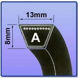 A technical cross-section diagram of a black hose end, showing dimensions of 13mm width and 8mm height, with a white letter A in the center on a light blue background.
Mitsuboshi A-Section Vee Belt