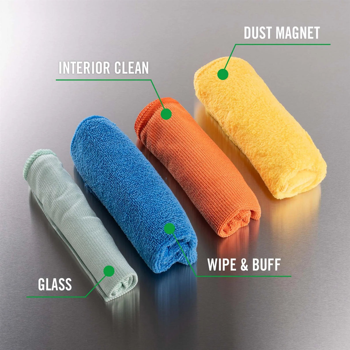 Four rolled microfiber cloths in pale mint, blue, orange, and yellow are arranged on a reflective gray surface with green callout lines and labels reading GLASS, INTERIOR CLEAN, WIPE & BUFF, and DUST MAGNET. Turtle Wax Microfibre Essentials