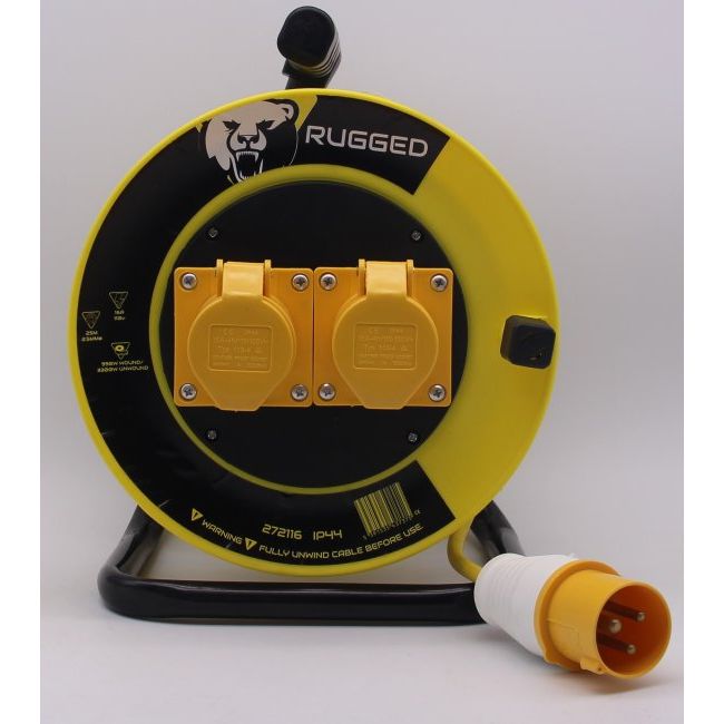 Rugged 25Mtr 2 Socket 16A Cable Reel 110V CSS Plug 16A 2.5mm Core - Yellow