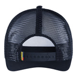 Rear view of a black trucker hat with a black mesh back, black visor, and black adjustable strap with a small yellow and red brand tag. Blaklader 2079 Trucker Cap | Dark Navy Blue