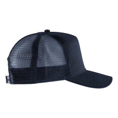 A black trucker-style baseball cap with a solid front panel and curved brim, paired with a black mesh back and an adjustable snap closure, shown against a plain white background.