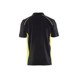 Black short-sleeve polo shirt shown from the back, featuring bright neon yellow side panels and shoulder piping details, set against a plain white background.