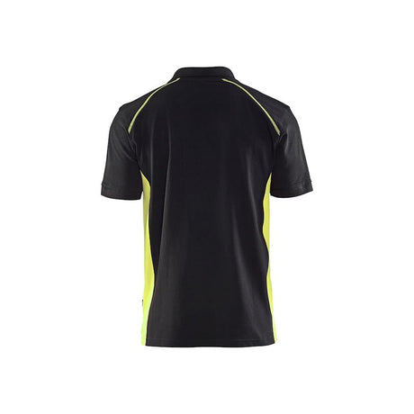 Black short-sleeve polo shirt shown from the back, featuring bright neon yellow side panels and shoulder piping details, set against a plain white background.